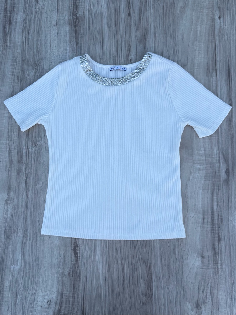 Zara White Short Sleeve Ribbed Top with Jeweled Neckline